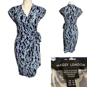 Maggy London wrap dress sz 6 blue multicolor floral knee length cap sleeve